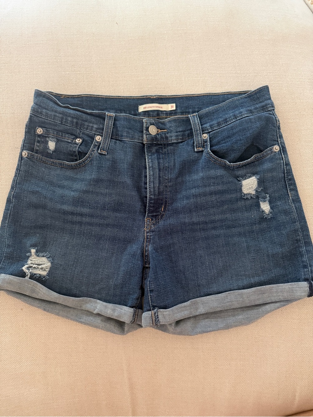Levi's Dark Indigo Distressed Rolled Hem Jean Shorts